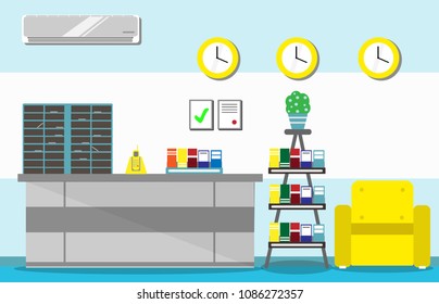 flat illustration of the office reception in the lobby of the hotel or hostel with furniture - a desk for registration, clock, lockers, advertising booklets, armchairs, in bright colors