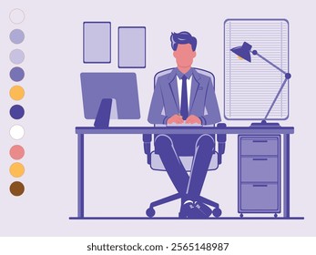 Flat illustration of an office worker in a professional setting, featuring clean lines and modern colors. Perfect for business themes, presentations, or workplace designs. High-quality artwork.