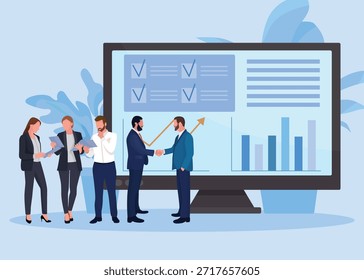 Ilustração plana da equipe de funcionários de escritório em negócios e finanças com elementos gráficos que mostram o aperto de mão e a cooperação com o novo negócio