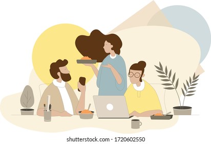 Flat illustration, office workers,  conversation during lunch break on the pantry.