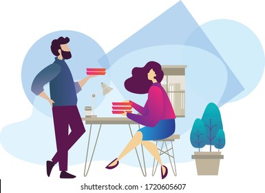 Flat illustration, office workers,  conversation during lunch break on the pantry.