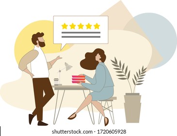 Flat illustration, office workers,  Food conversation during lunch break on the pantry.
