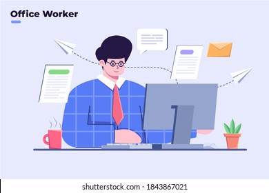 Flat illustration office workers are working at the computer, employee work in company office, office worker reading and writing business document, office employee sending and reply business e-mail.