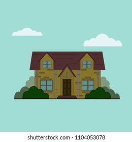 Ve?tor flat illustration. Old house, tree, shrub, cloud