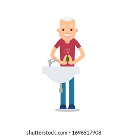 Ilustración plana con el viejo virus lavar las manos en fondo blanco para el diseño médico. Higiene manual. Prevención del coronavirus. Aislado. Atención de salud. Estilo de vida saludable. Vector
