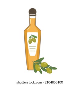 Flat illustration of olive oil in a bottle and olive sprigs. Natural healthy product for healthy food preparation. Vector illustration on white background.