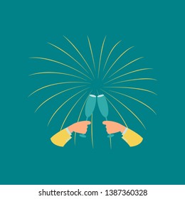 flat illustration on background of glasses champagne Hands