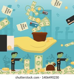 flat illustration on business, loans, taxes, and debt. zombie man social problem of the whole world dependence on money vector EPS 10