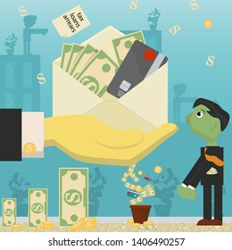 flat illustration on business, loans, taxes, and debt. zombie man social problem of the whole world dependence on money vector EPS 10