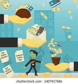 flat illustration on business, loans, taxes, and debt. zombie man social problem of the whole world dependence on money vector EPS 10