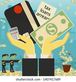 flat illustration on business, loans, taxes, and debt. zombie man social problem of the whole world dependence on money vector EPS 10