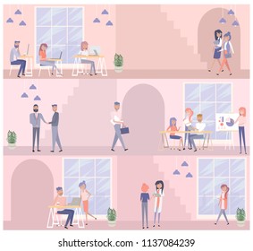 Flat illustration on different level. People Group, Seminar, Training, Conference Brainstorming, Presentation, Team Businesspeople Office. Editable vector illustration