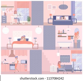 Flat illustration on different level of home interior set with people. Bedroom, bathroom, kitchen, living rooms and more. Editable vector illustration