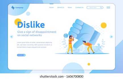 Flat illustration on landing page about people being disappointed and giving a disliked sign
