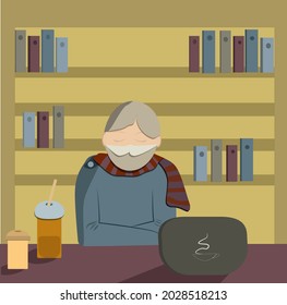 Flat illustration on the theme of office work. Tired male employee works at a laptop. Immersed in sleep. Freelance work at home concept.