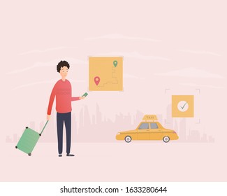 Flat illustration on the theme of ordering taxi with man and car.
