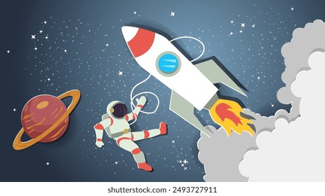 A flat illustration on the theme of space, an astronaut in outer space against the background of a flying rocket