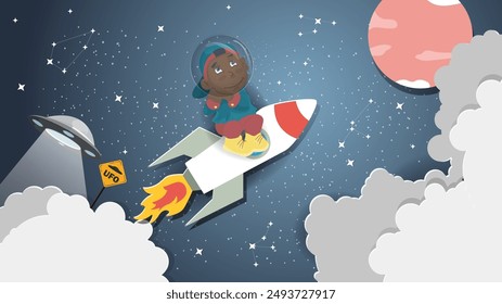 A flat illustration on the theme of space, a boy flying on a rocket in outer space