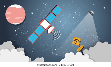 A flat illustration on the theme of space, a space station flying in space against the background of the red planet