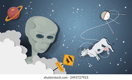 A flat illustration on the theme of space, An alien watching a cow in space