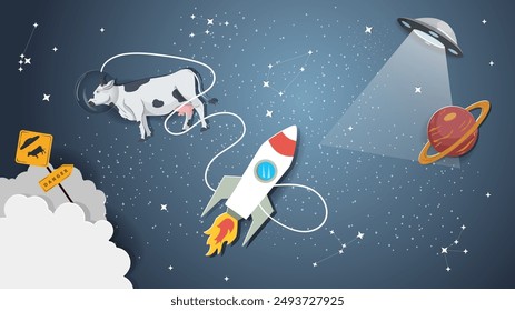 A flat illustration on the theme of space, a cow flies in outer space