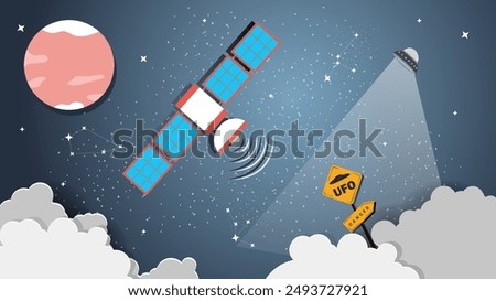 A flat illustration on the theme of space, a space station flying in space against the background of the red planet