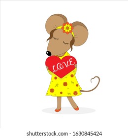 Flat illustration on a white background. Mouse in love holding a heart in her hands. Romantic feelings and dreams. Valentine's day. February,14.Isolated.
The text can be changed.
Vector illustration