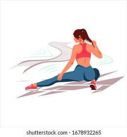 Flat illustration on a white background. Girl does a warm-up on a treadmill.