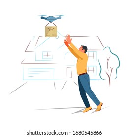 Ilustración plana sobre fondo blanco. El drone entrega el pedido al destinatario. Entrega del futuro.