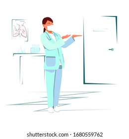 Flat illustration on a white background. The girl doctor asks to go to another office for examination.