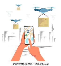 Flat illustration on a white background. Drones deliver the package at the specified coordinates.