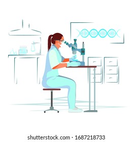 Flat illustration on a white background. A doctor or biologist examines tissue under a microscope. Looking for a cure.