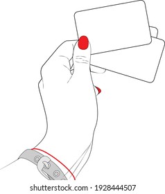 Flat illustration on a white background. Hand with business cards, cards in sketch style. Black and white vector drawing with colored elements. Design for posters, cards, pictures, backgrounds, textil