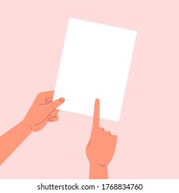 Flat illustration of one hand holding a piece of paper and another hand pointing at it
