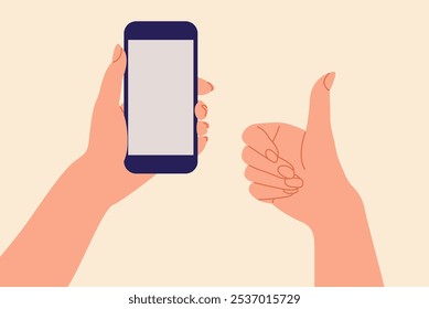 Flat illustration with one hand holding phone and another thumbs up