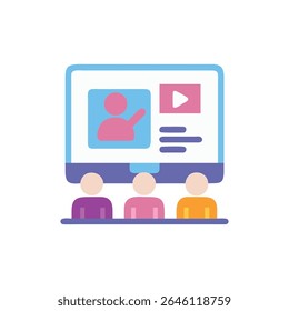 Flat illustration of an online class with three students and instructor video on a computer screen.