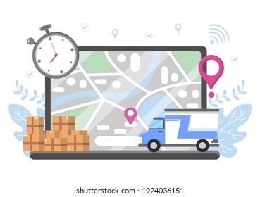 Flat Illustration Of Online Delivery For Order Tracking, Courier Service, Goods Shipping, City Logistics Using A Truck