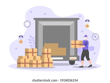 Ilustración plana de entrega en línea para seguimiento de pedidos, servicio de mensajería, envío de mercancías, logística de la ciudad usando un camión