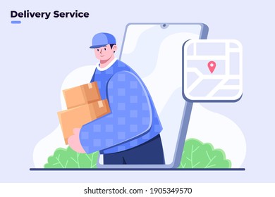 Ilustración plana del servicio de entrega en línea desde comercio electrónico o mercado en línea, servicio de envío rápido de entrega, envío rápido de entrega, Courier entrega paquete de paquete, Courier ofrece servicio