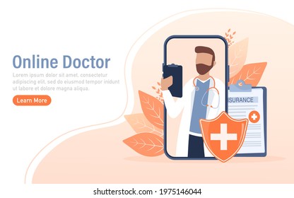 Flat illustration with online doctor. Doctor consultation. Vector illustration flat design. Video chat.