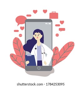 the flat illustration of online doctor on smartphone for ui design, web bacground  and promotion