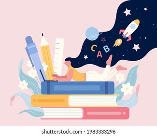 Flat illustration of online education concept. Girl lying on stack of books and using laptop with innovation universe in her mind.