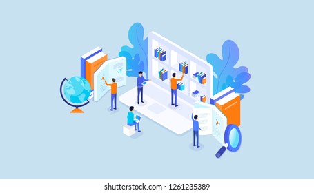 Flat Illustration Online Education E- Learning And  Technology Internet Research  And  Business Team Working Concept