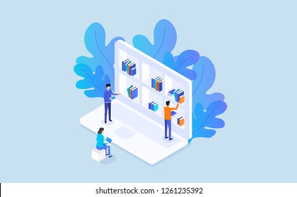 flat illustration online education e- learning and  technology internet research  and  business team working concept