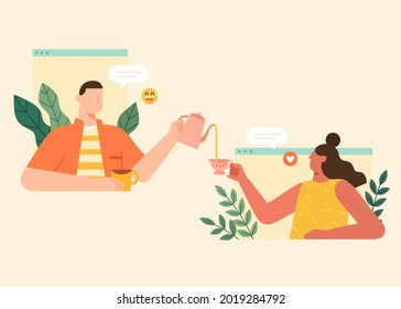 Flat Illustration Of An Online High Tea Party. Man Pouring Tea For His Female Friend Through Browser Windows.