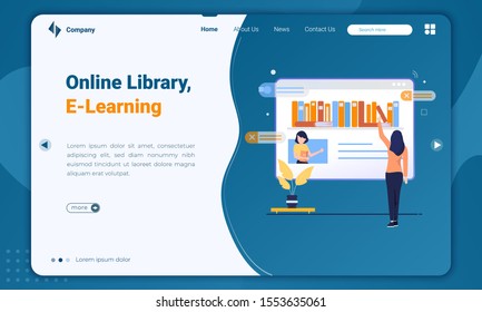 Flat illustration of online library for e-learning on landing page template, Select e-books in the online book library