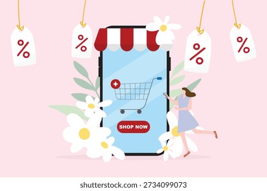 Ilustración plana del concepto de compras en línea con un teléfono móvil con ícono de Carrito de compras, etiquetas de descuento y una mujer de compras en el teléfono inteligente. Ideal para comercio electrónico, promociones de venta, diseño de App móviles, marketing digital y publicidad minorista en línea.
