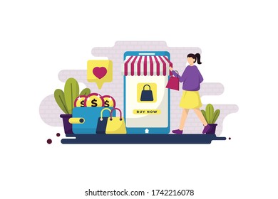 flat illustration of online shopping with girl