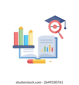 Una ilustración plana de un libro abierto con gráfico de barras y tapa de graduación. Representa el aprendizaje y el análisis de datos.