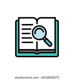 Flat illustration of an open book with a magnifying glass icon. Clean and simple design on a White Background.
